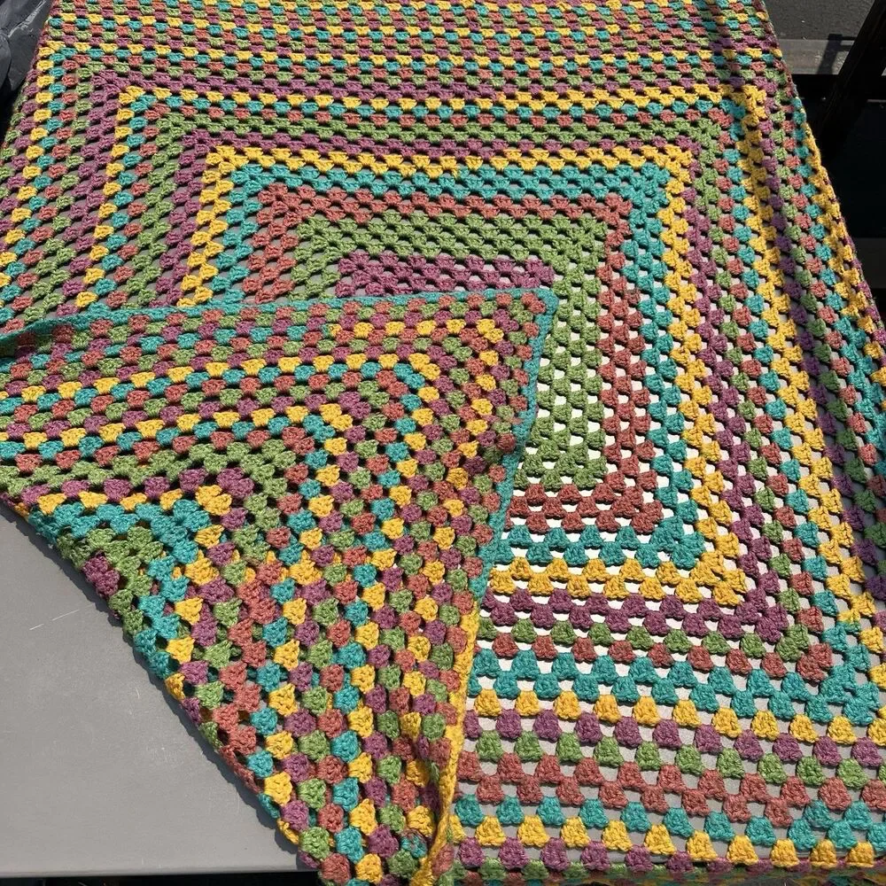 Crocheted Granny Square Multicolor Sofa Throw Afghan 57x57 Vintage Cottagecore
